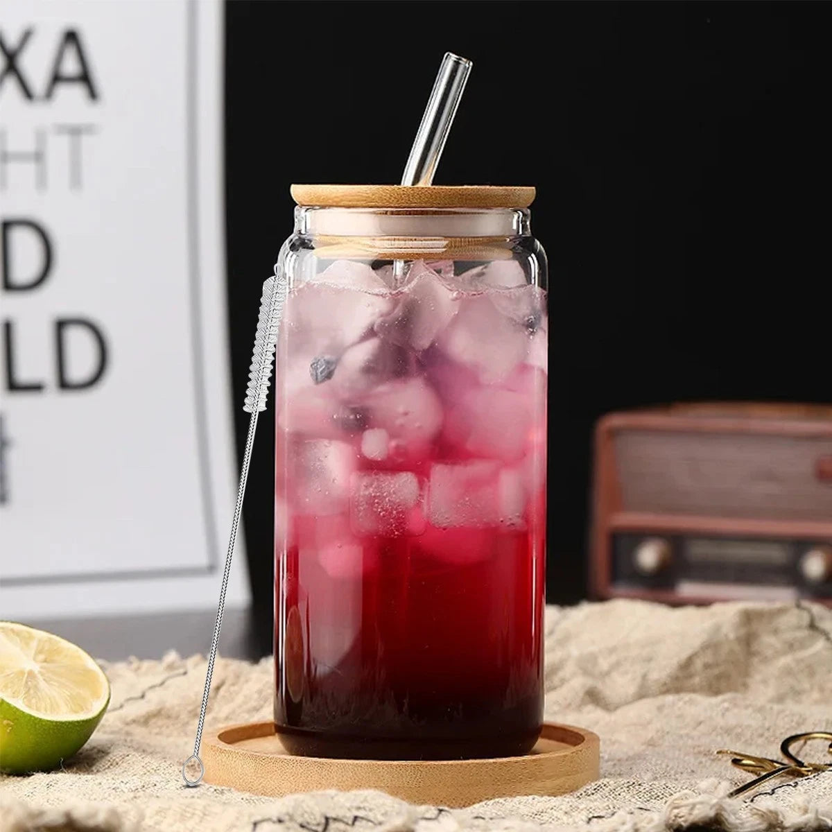 Glass Cups with Straw Set of Perfect for Iced Coffee, Tea & Refreshing Drink