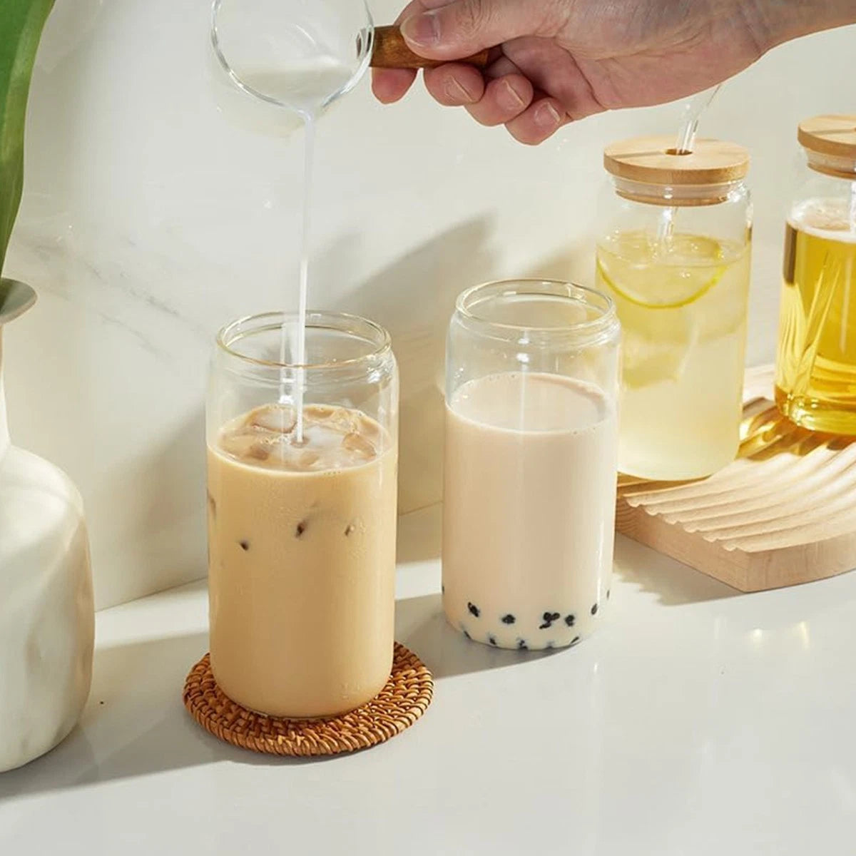 Glass Cups with Straw Set of Perfect for Iced Coffee, Tea & Refreshing Drink