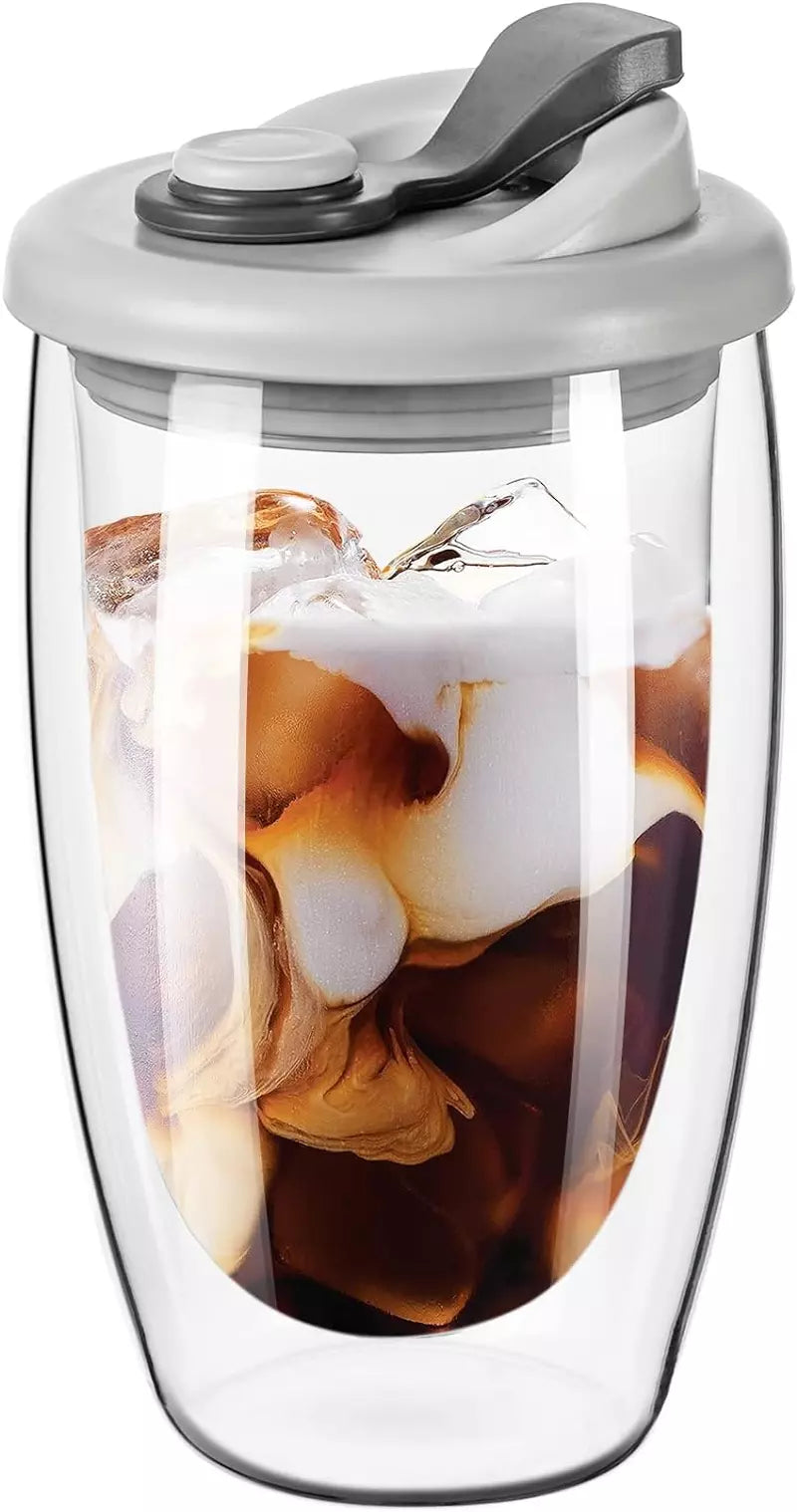 Double Wall Glass Coffee Mug, Glass Coffee Cup with Silicone Lid 15 OZ